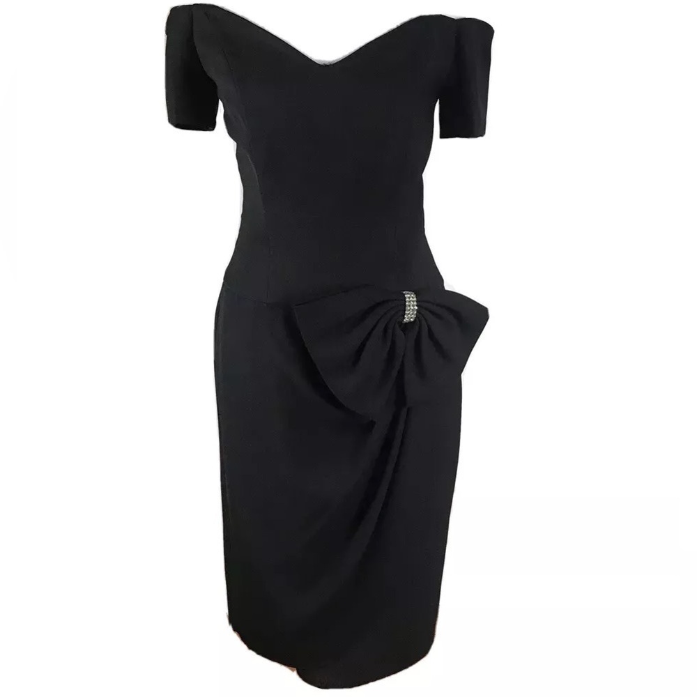 Vintage Black Bustier Cocktail Dress with Rhinestone Bow Size 8 / M